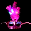 LED glowing purple masquerade mask with pink feathers and blue glitter accents - Rose Red/Glowing
