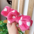 Pink polka dot plush headband with a large bow, soft coral fleece for skincare - 10# Rose Red White Hearts