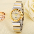 Women's two-tone quartz watch with mother-of-pearl dial and rhinestone markers on fabric - Two-tone Gold Pearl Dial