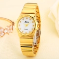 Detailed close-up of a gold quartz watch featuring a white dial set with sparkling crystals - Gold Color White