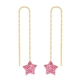 Elegant gold drop earrings with long chain tassels and pink crystal star charms - Gold Threader Pink Star