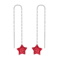 Elegant silver long chain earrings with sparkling red pentagram star charms - Silver Threader Red Star