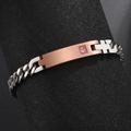 Stainless steel Cuban chain bracelet with rose gold ID bar, pink zircon and cross cutout - Women's Style (Rose Gold with Pink Zirconia) / Rose Gold