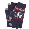 Dark blue knitted gloves with white reindeer patterns and red geometric winter accents - Navy Blue Elk Style