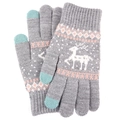 Grey knit touchscreen gloves featuring white reindeer patterns and mint green cuff details - Gray Elk Style