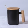 Matte black ceramic mug with natural wooden handle, lid, and gold metal spoon set - Cylindrical Black Mug with Lid & Spoon