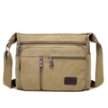 Borsa a tracolla da uomo in tela verde militare con tasche multiple e logo in pelle - Cachi