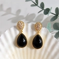 Elegant gold drop earrings with black water-drop stone and white zircon accents - Gold and Black