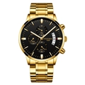 Montre chronographe homme en acier doré avec cadran noir et bracelet en métal robuste - Bracelet en Acier Entièrement Doré Cadran Noir
