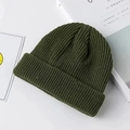 Olive green ribbed knit beanie with wide cuff, classic winter wool skull cap style - One Size / Army Green