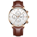 Montre chronographe homme avec bracelet cuir marron, boîtier or rose et cadran blanc - Bracelet Marron Boîtier Or Rose Cadran Blanc
