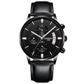 Montre chronographe noire pour hommes avec trois sous-cadrans et bracelet en cuir noir - Bracelet en Cuir Noir Boîtier Noir Index Argent Cadran Noir