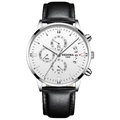 Montre chronographe pour homme avec cadran blanc et bracelet en cuir noir gaufré - Bracelet en Cuir Noir Boîtier Argenté Cadran Blanc