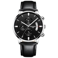 Montre chronographe pour homme avec bracelet en cuir noir et cadrans multifonctions - Bracelet en Cuir Noir Boîtier Argent Cadran Noir
