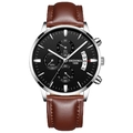 Montre chronographe étanche pour homme avec cadran noir et bracelet en cuir brun - Bracelet en Cuir Marron Boîtier Argenté Cadran Noir