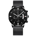 Montre chronographe noire pour hommes avec bracelet en maille d'acier et guichet de date - Bracelet en Maille Noir Boîtier Noir Index Argent Cadran Noir