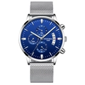 Chronographe pour hommes avec cadran bleu foncé et bracelet en maille d'acier inoxydable - Bracelet en Maille Argenté Boîtier Argenté Cadran Bleu