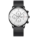 Chronographe homme avec cadran blanc, boîtier noir et bracelet en maille milanaise - Bracelet en Maille Noir Boîtier Noir Index Argent Cadran Blanc