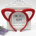 Cute red and white plush fox cat ear headband displayed on a minimalist white frame - Red with White Cat Ears