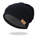 Black double-layer knitted beanie with grey lining and brown leather fashion patch - Custom Logo Case