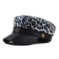 Detail of leopard print flat top military cap with black faux leather brim and gold buckle - M (56-58cm) / Grey Leopard