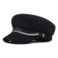 Schicke schwarze Woll-Schirmmütze mit glänzendem PU-Lederband und silberner Metallkette - M (56-58cm) / Schwarze Metallkette (671)