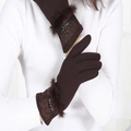 Elegante dunkelbraune Thermohandschuhe Damen mit Stickerei und weichem Plüschbesatz - Wollschnalle Braun / Einheitsgröße