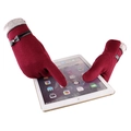 Rote Damen-Strickhandschuhe mit Touchscreen-Funktion und elegantem grauen Kunstfellbesatz - Weinrot mit kleinem Pelzrand