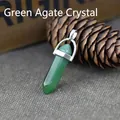 Green Agate Crystal hexagonal pillar pendant with silver clasp on a pine cone backdrop - Dark Green Jade