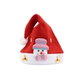 Red velvet Christmas hat featuring a plush snowman doll and gold holly leaf decorations - Snowman