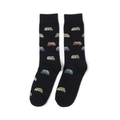 Detail of black cotton socks featuring colorful pixel art truck patterns on white background - Truck