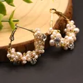 Handmade gold wire earrings with white freshwater pearls and clear crystals - White Pearl Style