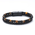 Bracciale da uomo a doppio strato con pietre occhio di tigre, cuoio nero e chiusura magnetica - 20cm / Occhio di tigre