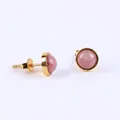 Minimalist gold plated brass stud earrings featuring a round pink natural gemstone - Red Wood Grain Stone