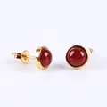 Minimalist round gold-plated stud earrings with smooth red agate stones and butterfly backs - Red Agate