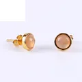 Gold stud earrings with round pink moonstone cabochons and sparkling diamond accents - White Crystal