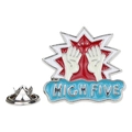 Rock hand gesture enamel pin with High Five text in red and blue colors - HIGH FIVE Hand