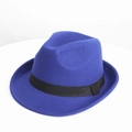 Detail of royal blue wool jazz hat with a classic black silk ribbon and stiff brim - M (56-58cm) / Sapphire Blue