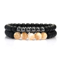 Close-up of matte black beads with tiger eye and marble stones on handmade bracelets - Matte Black Beads + Marble Pattern Beige Beads / Two-Piece Set