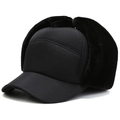 Winter thermal trapper hat in black with ear flaps and thick faux fur lining - One Size / Black
