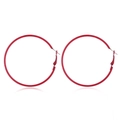 Detailed view of red retro hoop earrings with secure lever back closure on white background - Red