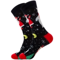 Detailed knit of black Christmas crew socks featuring Santa, reindeer, and red toe accents - Santa Claus