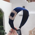 Padded velvet headband in dark blue with oversized rhinestone buckle accessory - Navy Blue