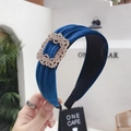 Royal blue velvet headband with vintage rhinestone buckle in minimalist wide design - Peacock Blue