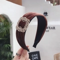 Chic coffee brown velvet headband featuring a large rectangular sparkling rhinestone buckle - Coffee