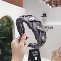 Handcrafted grey woven headband featuring sparkling rhinestones in a gold setting - Gray