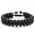 Double-layer matte black stone beaded bracelet with adjustable woven pull closure - Full Matte Stone