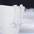 925 silver crescent moon earrings with white pearls and sparkling diamond accents - Pearl Top Moon Earring / Pearl Moon (SE63)
