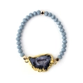Blue-grey faceted crystal beaded bracelet with gold-edged druzy agate slice charm - Blue Purple Geode/Blue Grey Beads