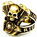 Retro bronze Ghost Rider skull engine ring with Live to Ride engraving in punk style - Adjustable Open / Gold
